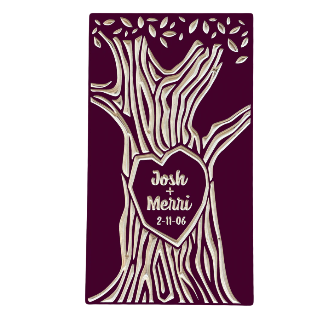 custom carved tree with couple's names and wedding date, burgundy color option.