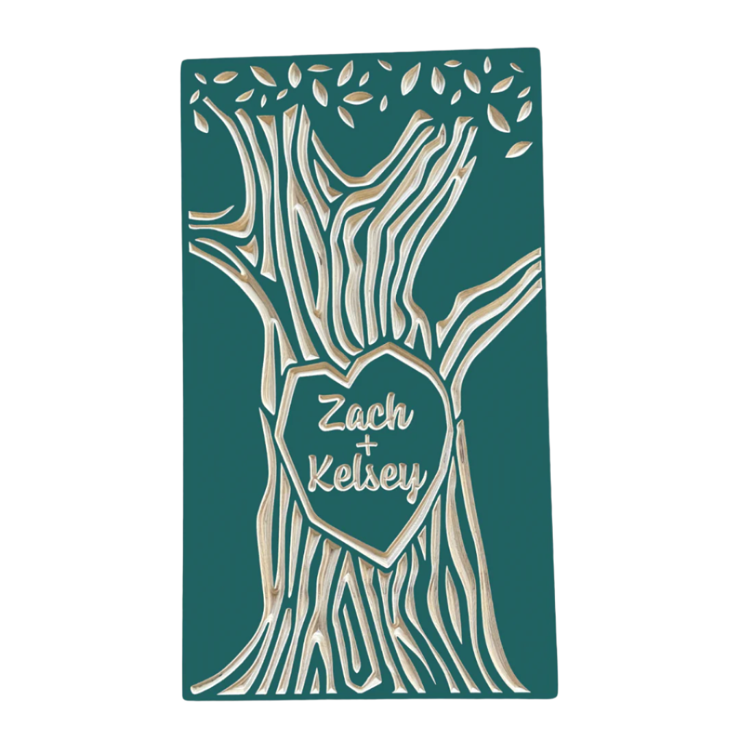custom carved tree with couple's names. teal color option.