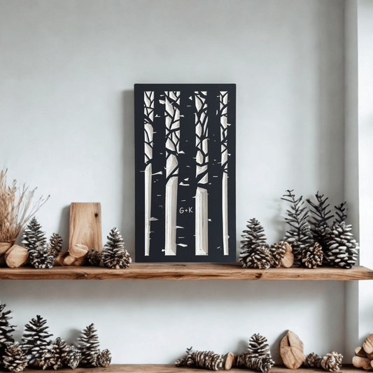 Wooden shelf with decorative items including a carved aspen forest design against a white wall.