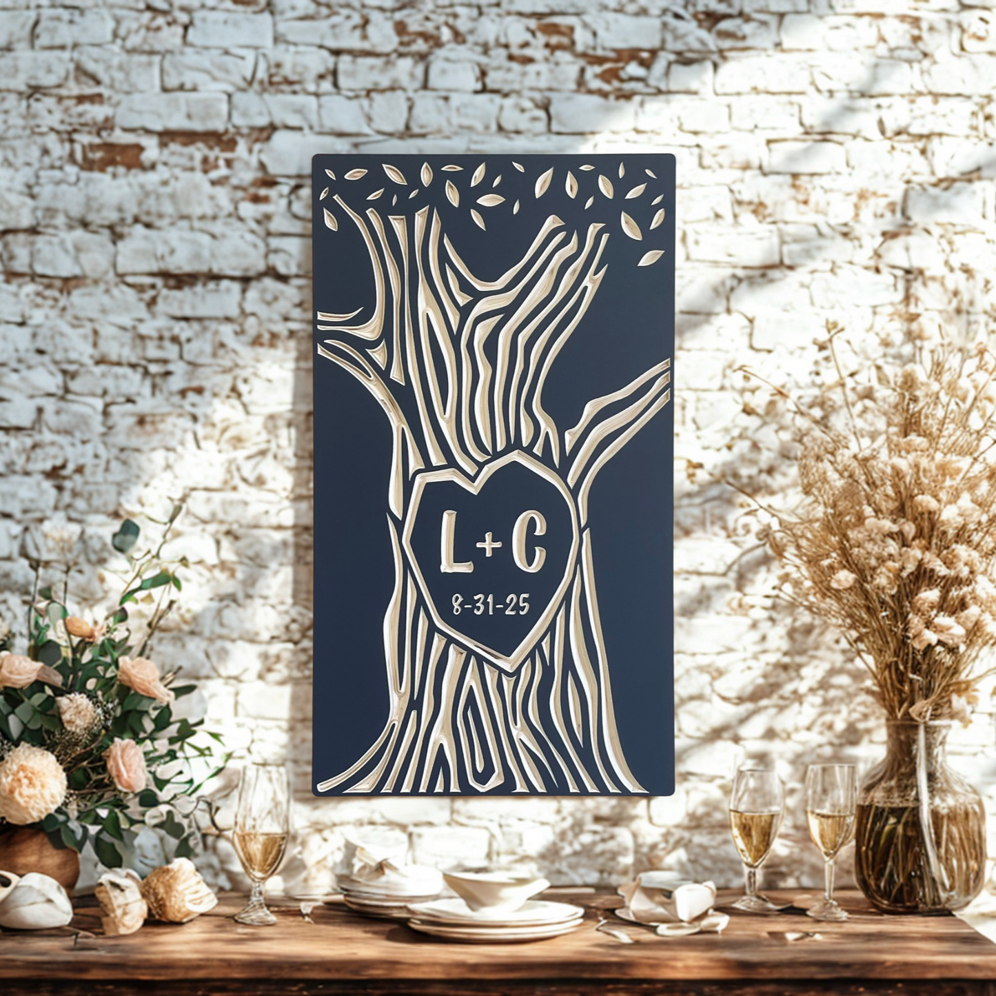 Decorative wall art with 'L+C' and date on a rustic brick wall background