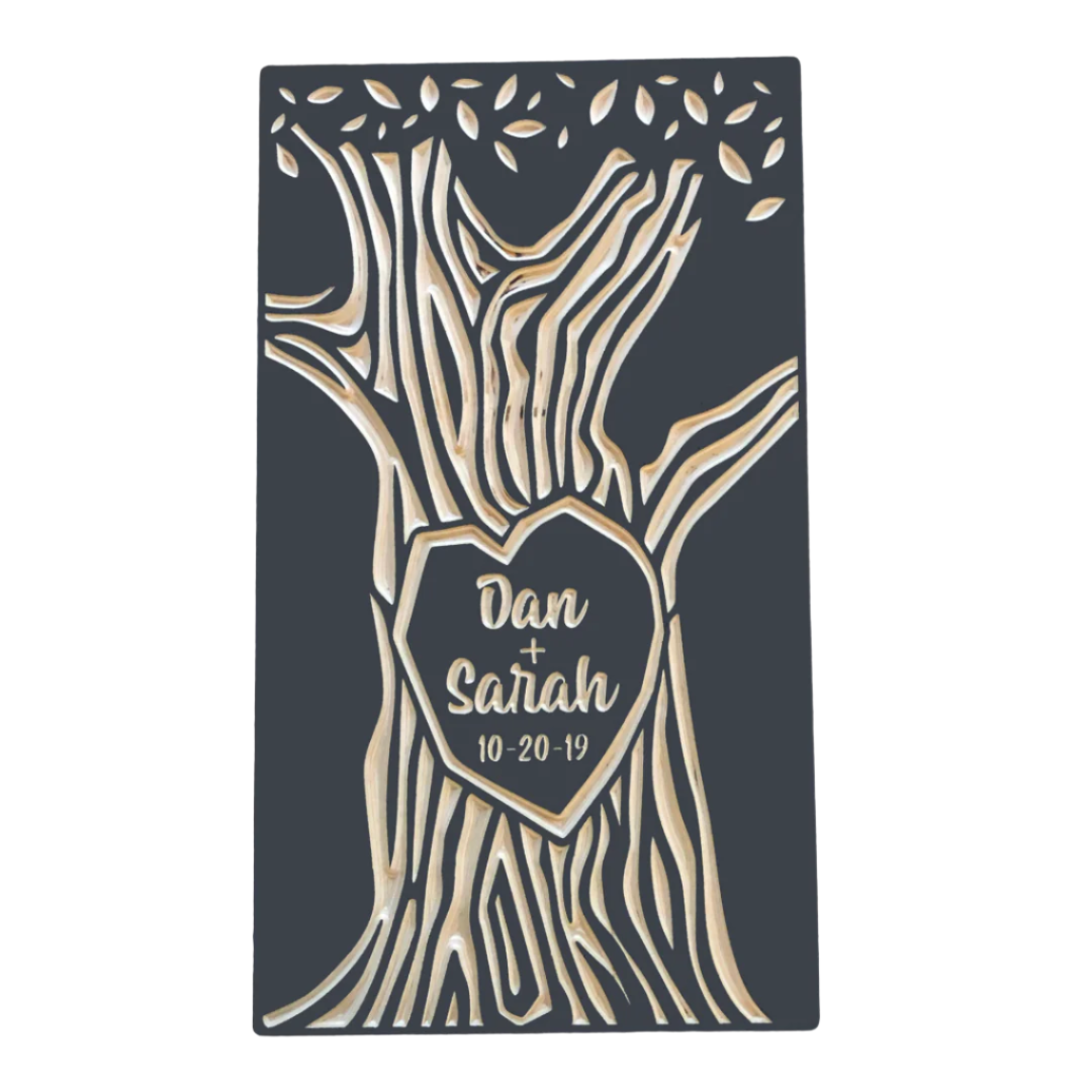 custom carved tree with couple's names and anniversary date, navy color.