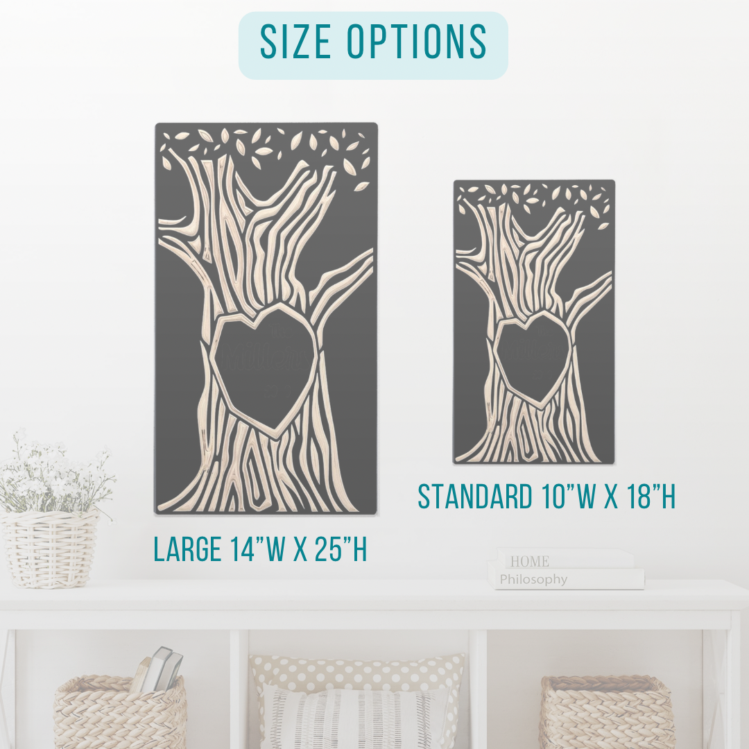 size comparison for custom carved tree love art