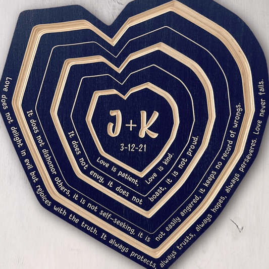 Close-up of heart shaped tree ring art