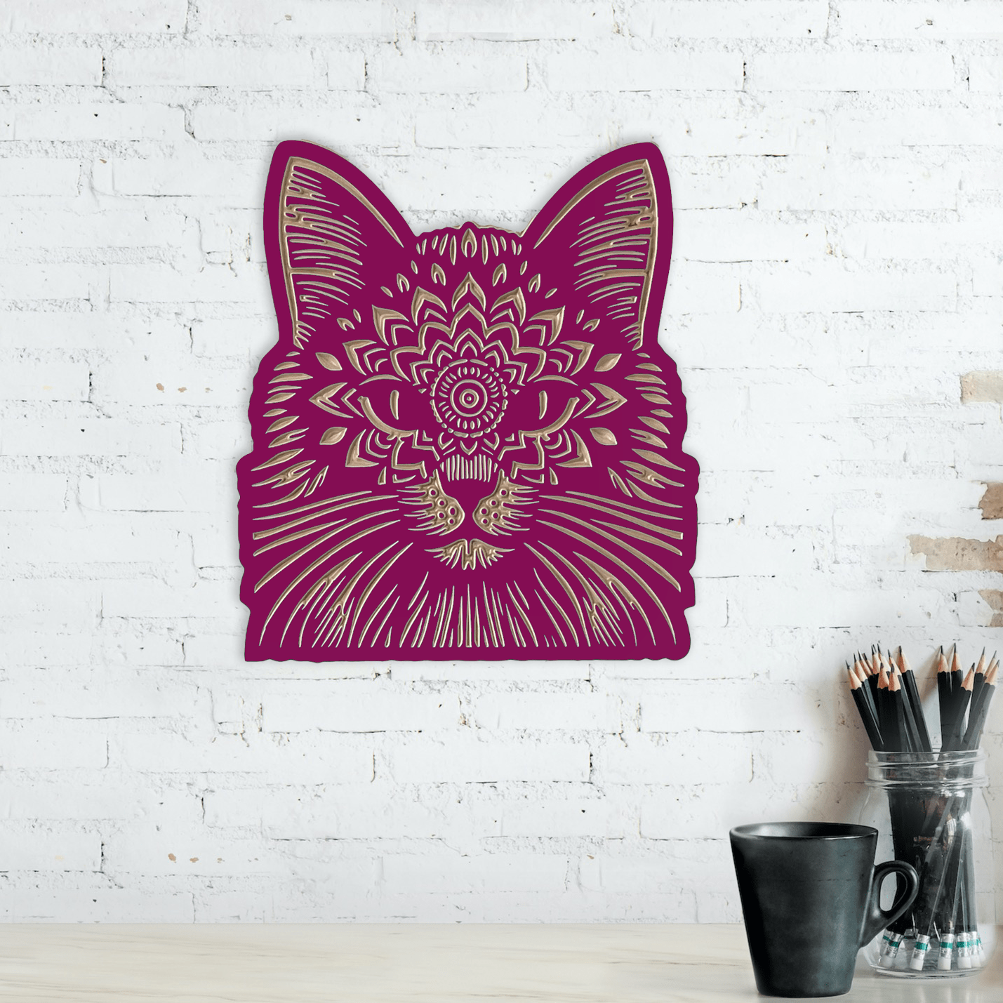 Cat Head Mandala | Carved Wood Wall Art