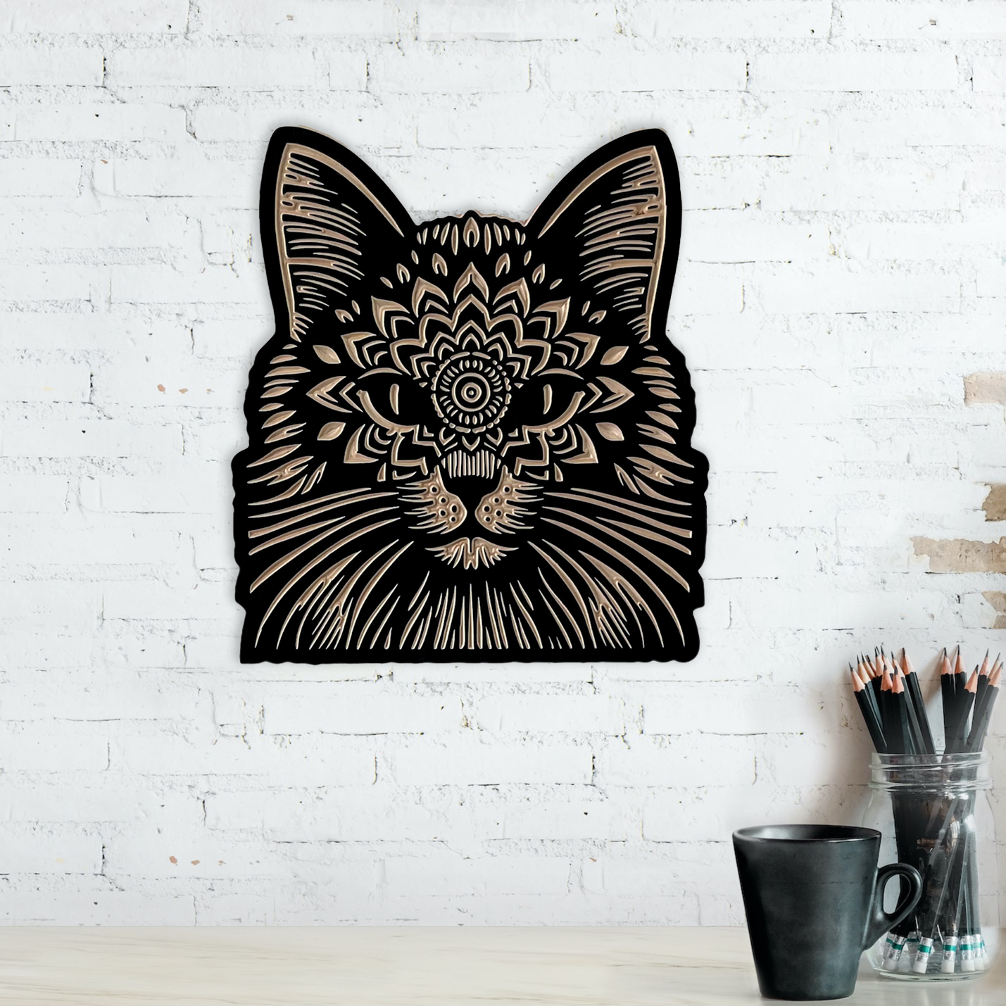 Cat Head Mandala | Carved Wood Wall Art