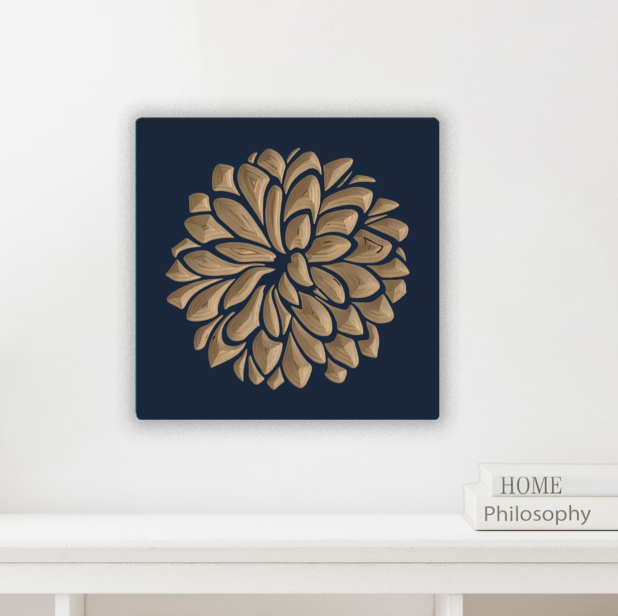 Dahlia Floral Design Carved in wood. Navy color option.