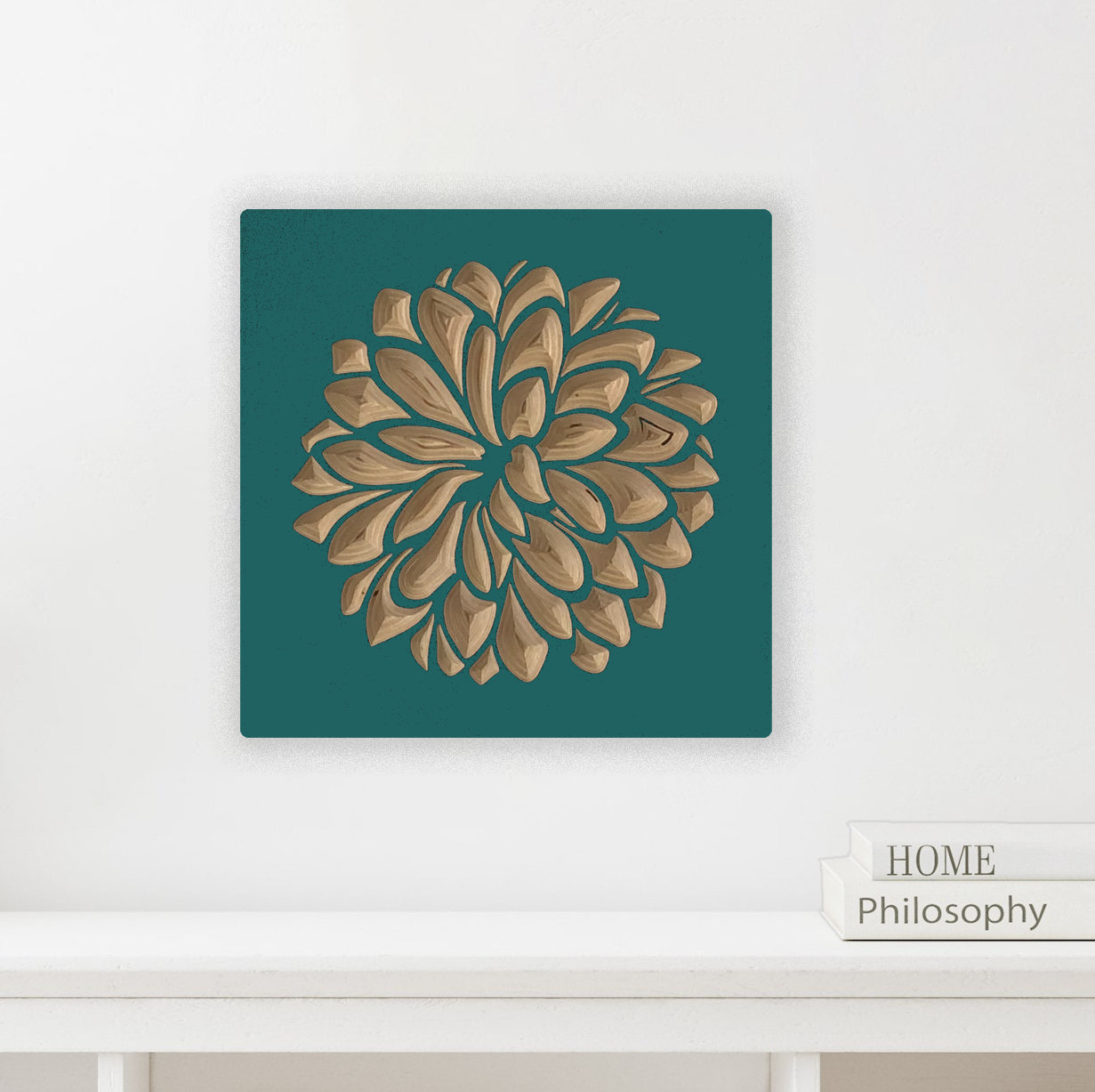 Dahlia Floral Design Carved in wood. Teal color option.