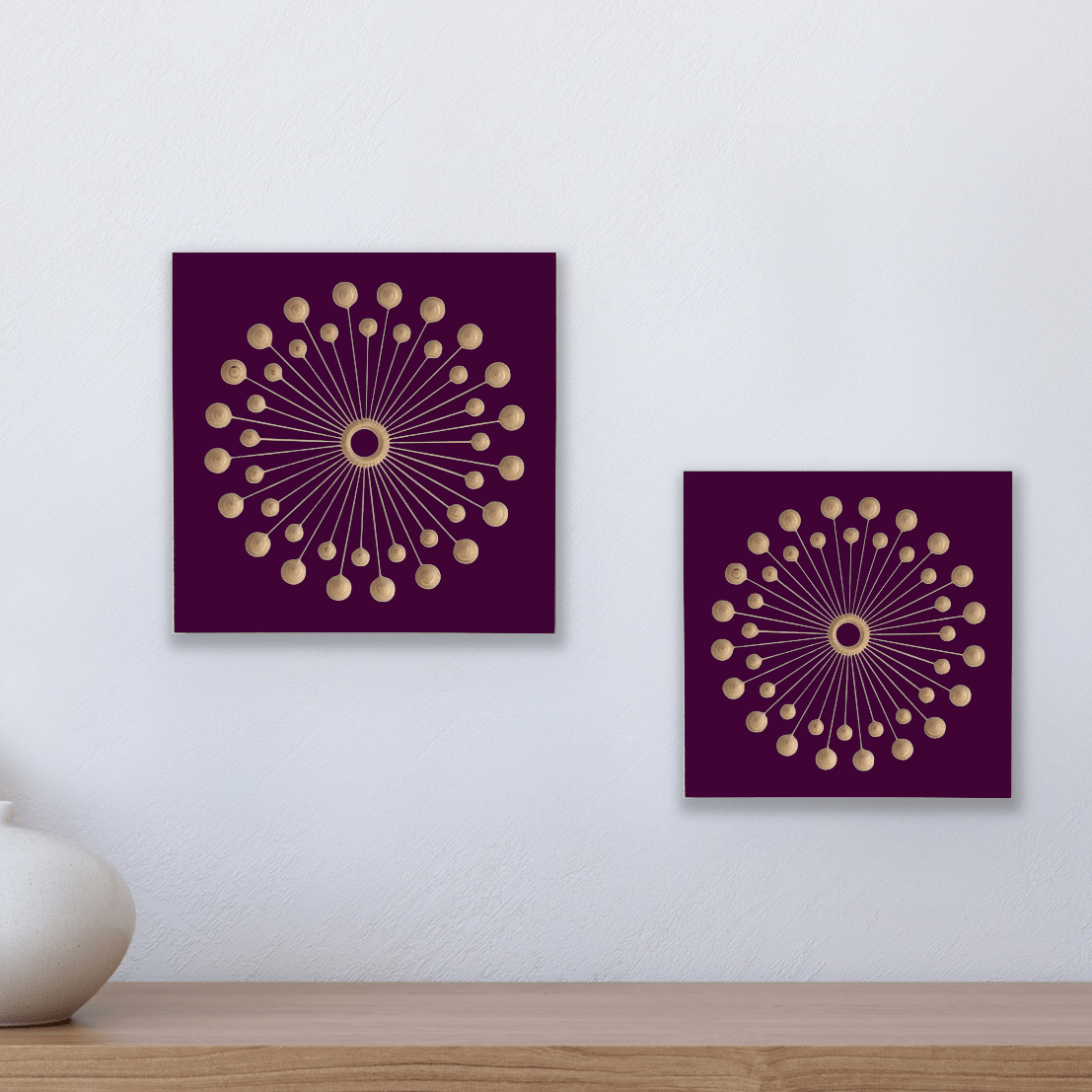 design of dandelion carved into birch wood, burgundy