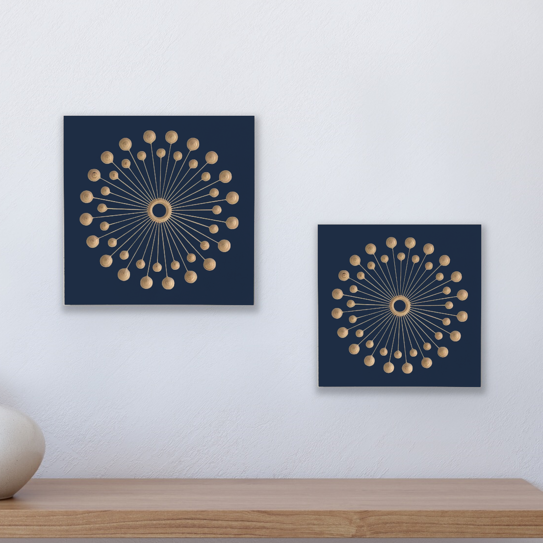design of dandelion carved into birch wood, navy