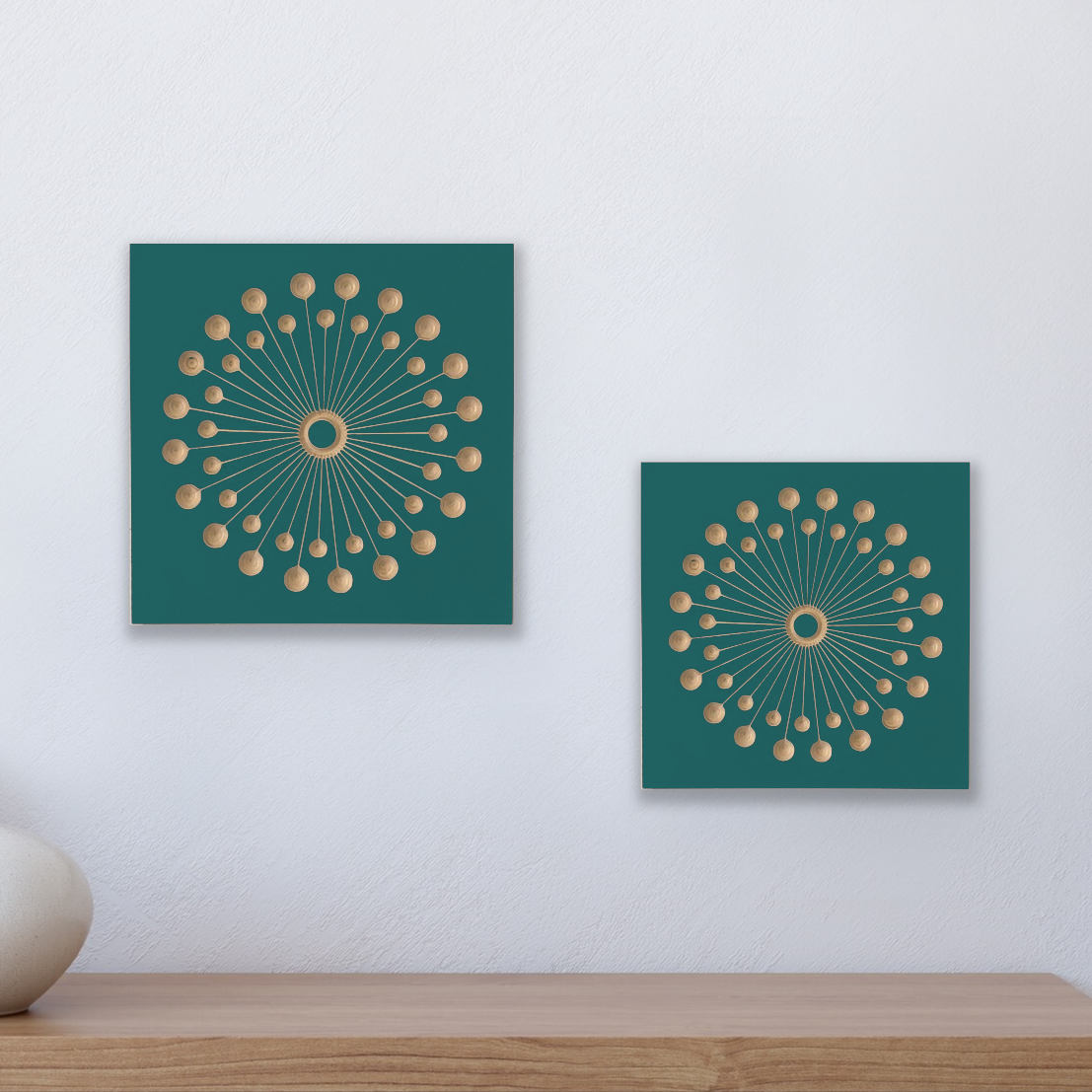 design of dandelion carved into birch wood, teal
