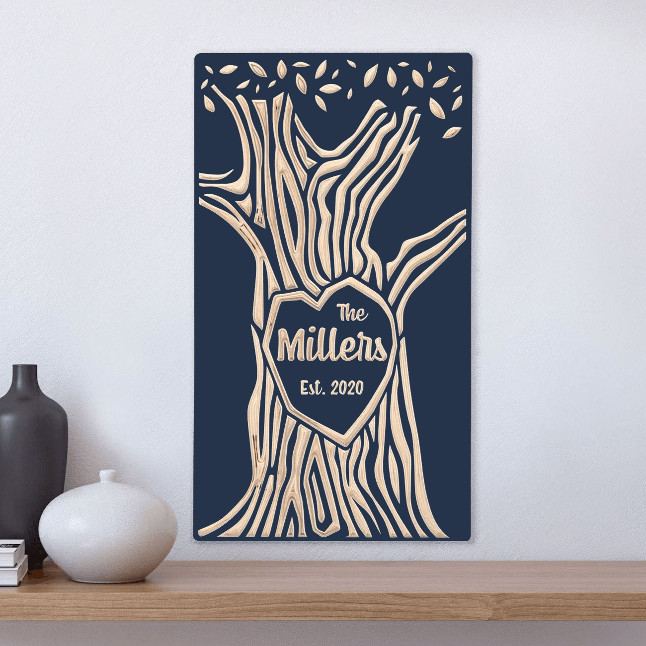 Family last name carved into wood tree, navy finish