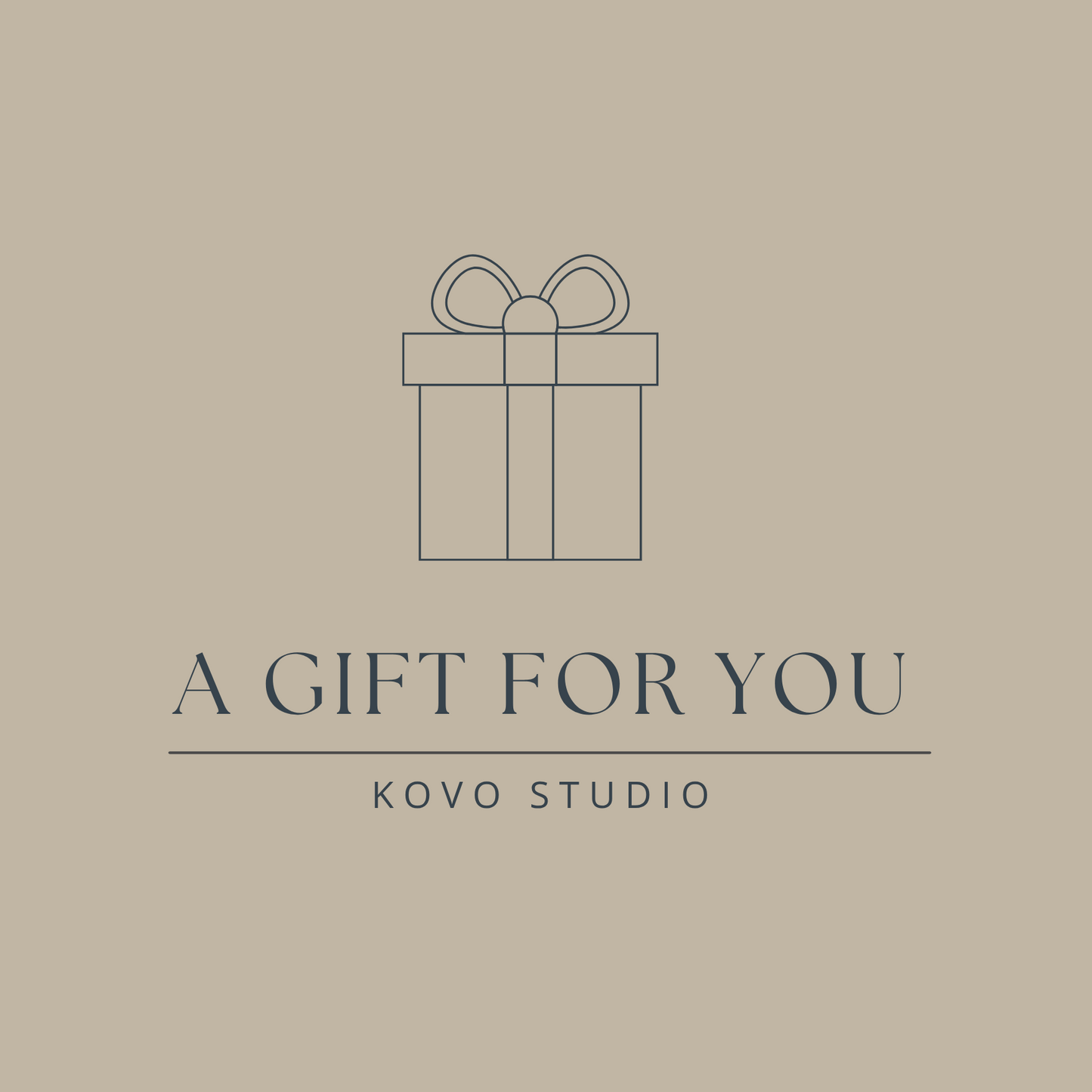 Gift box icon with 'A Gift For You' text and 'Kovo Studio' on a beige background