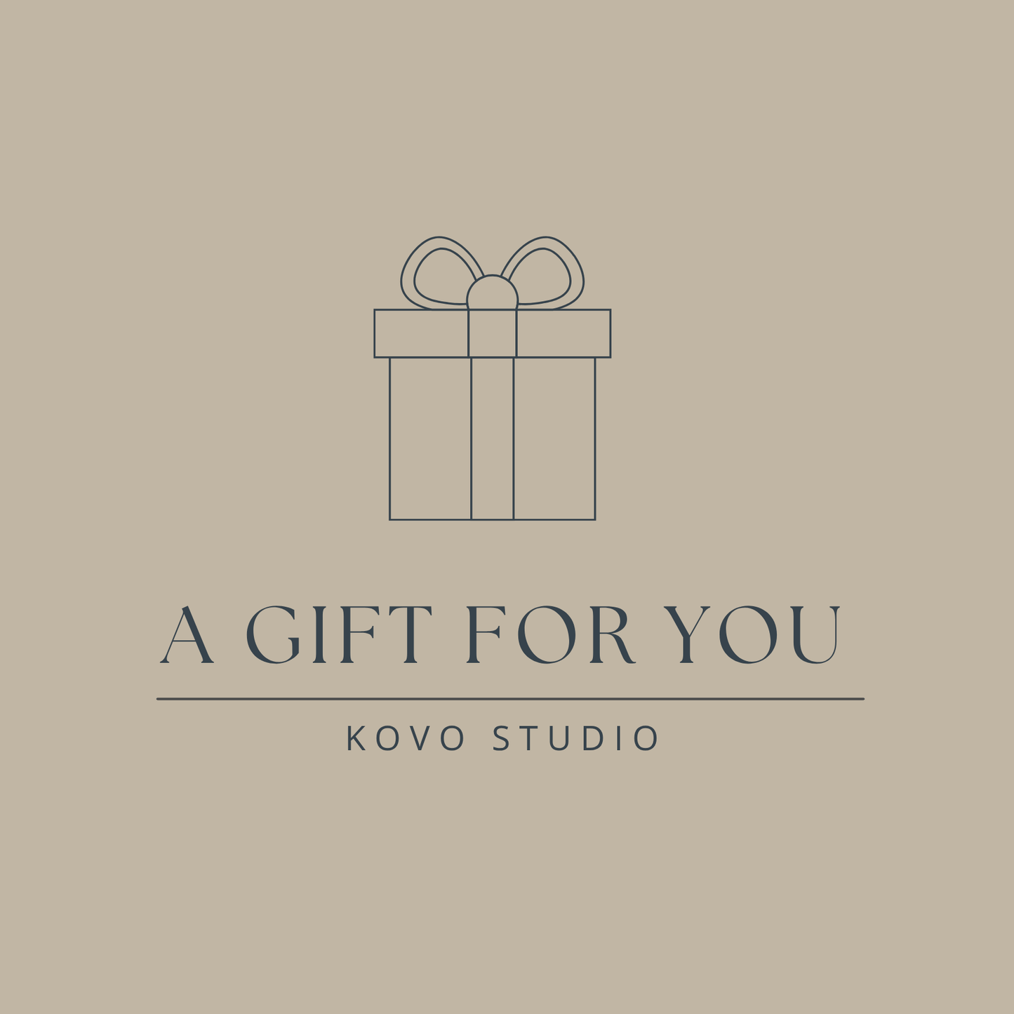 Gift box icon with 'A Gift For You' text and 'Kovo Studio' on a beige background