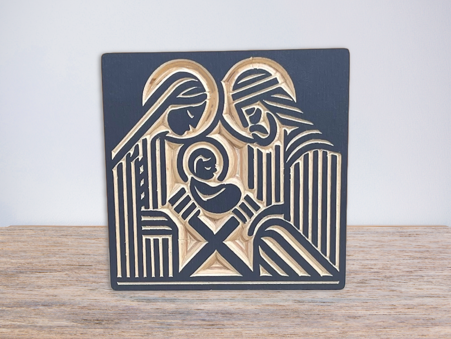 Modern Nativity Mantle Scene in Navy, Small Wood Tabletop Display, Holy Family Wooden Holiday Decor and Gifts