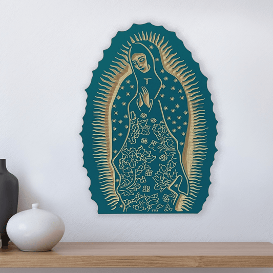 Decorative wall art of a religious figure on a teal background, displayed on a shelf.