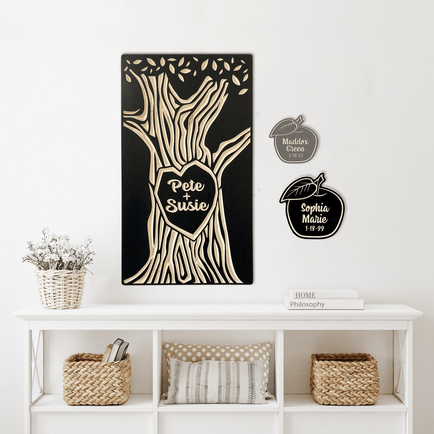 Apple of My Eye wall art shown next to our Tree Love design with custom names carved in the center.