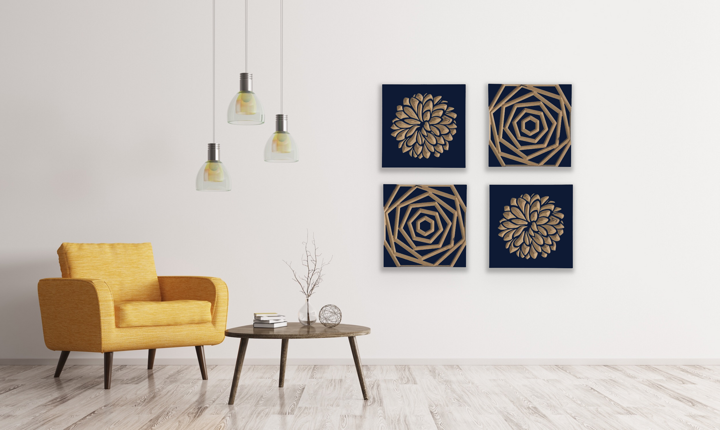 Set of 4 Wood Wall Art Panels | Anthos & Afirimeni | 14" x 14" Panels