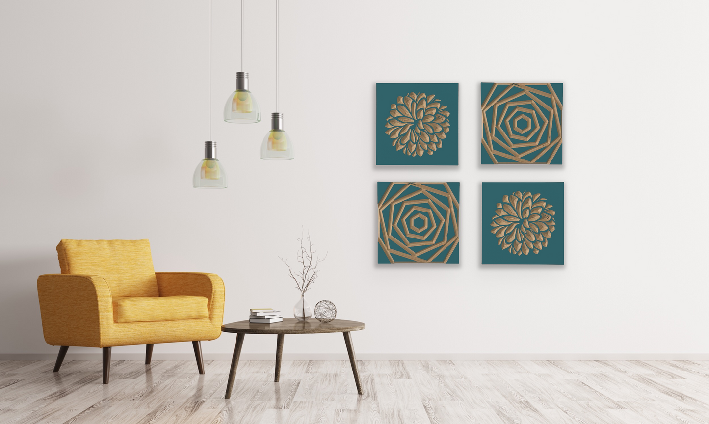 Set of 4 Wood Wall Art Panels | Anthos & Afirimeni | 14" x 14" Panels