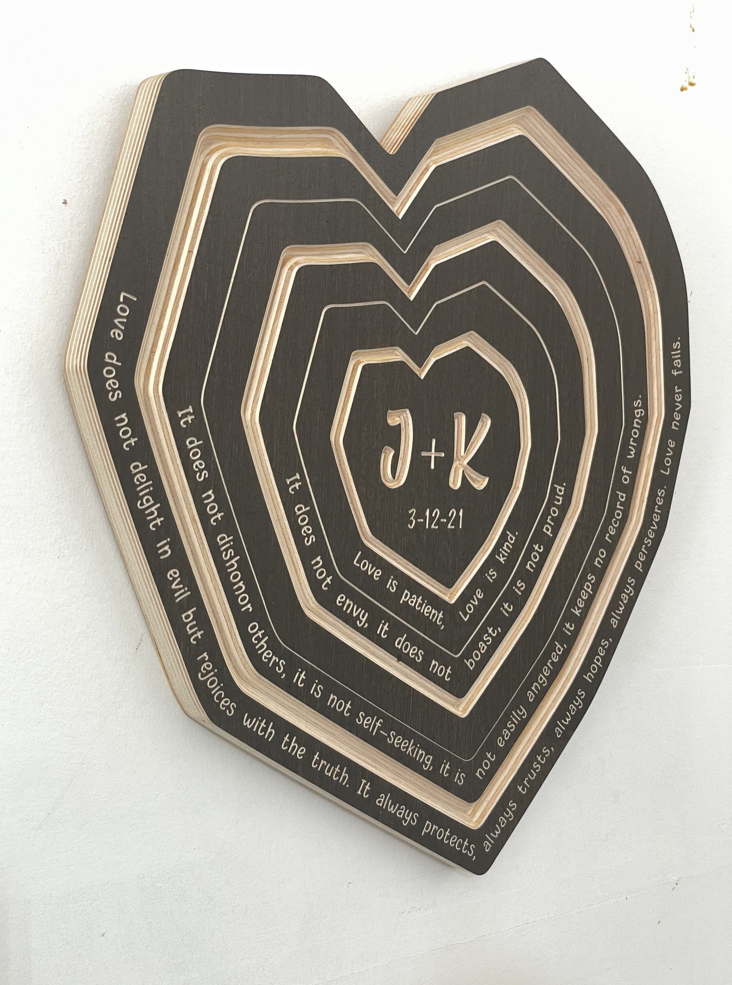 Side view Heart shaped tree ring art in Driftwood finish