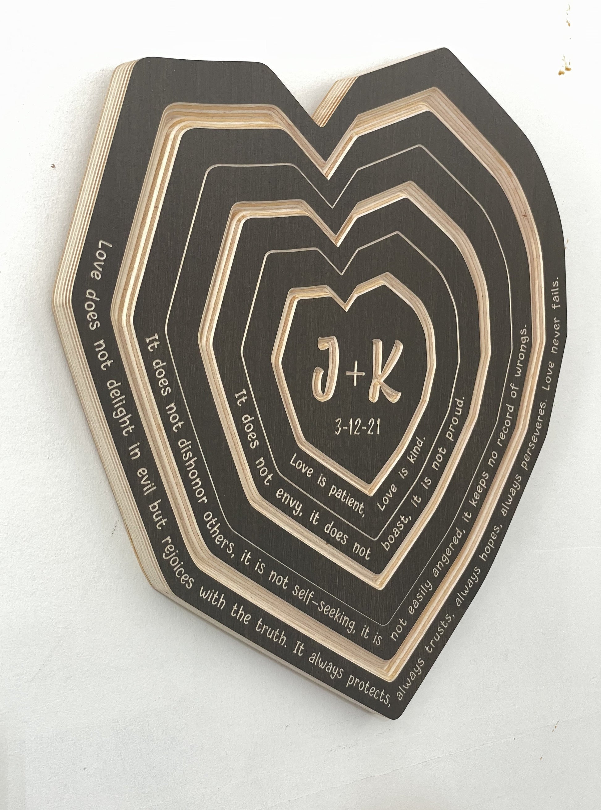 Side view Heart shaped tree ring art in Driftwood finish