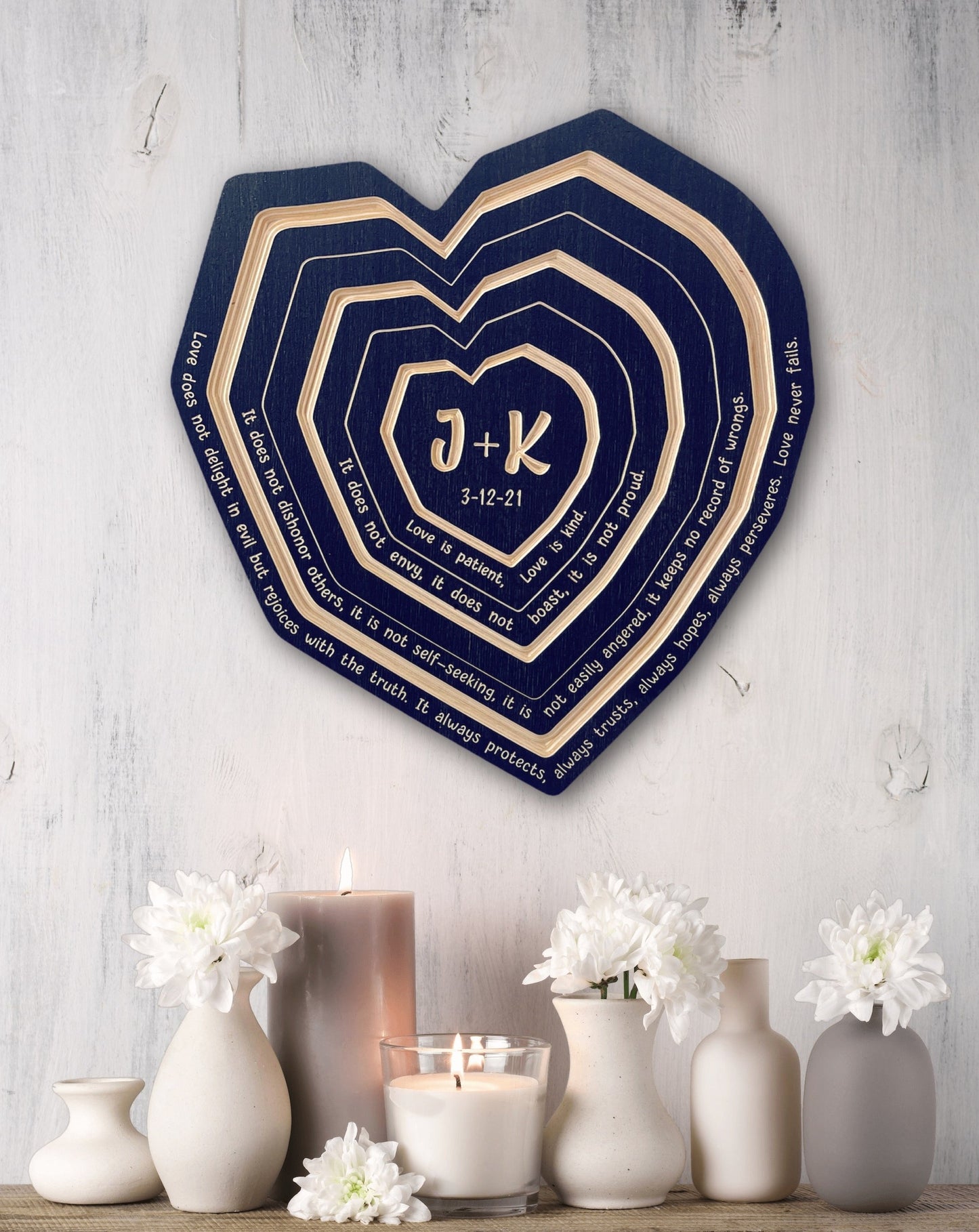 Heart shaped tree ring art in Navy finish