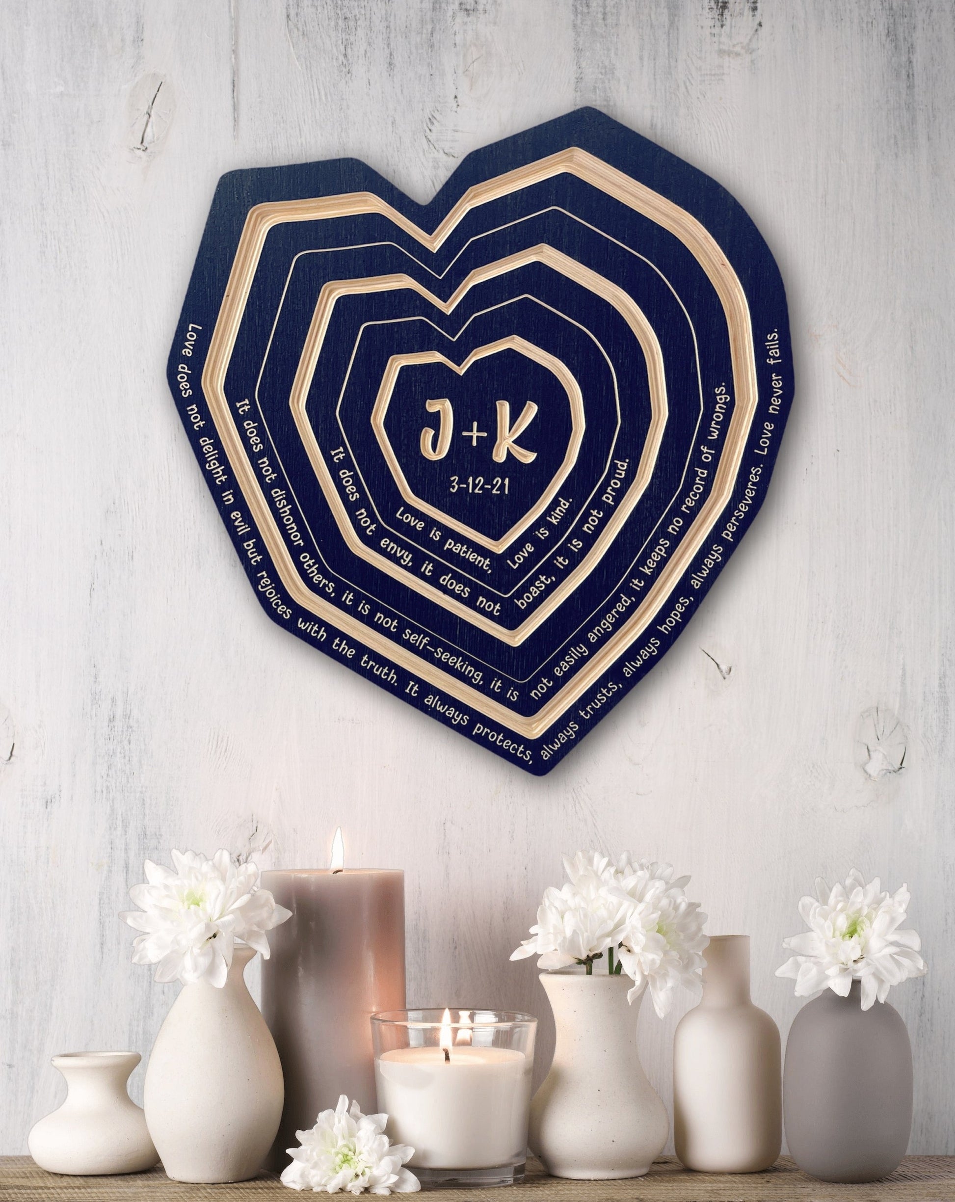 Heart shaped tree ring art in Navy finish