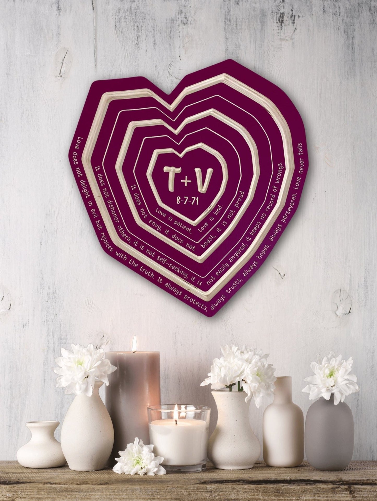 Heart shaped tree ring art in Burgundy finish