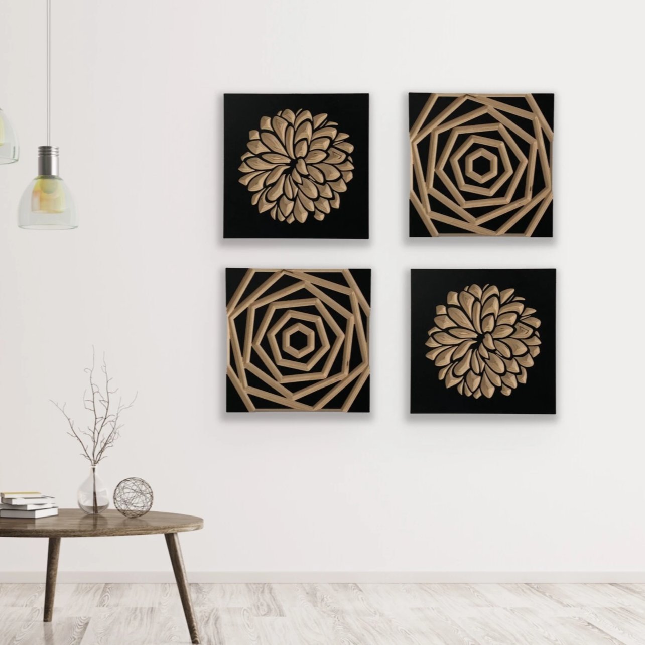 Set of 4 Wood Wall Art Panels | Anthos & Afirimeni | 14" x 14" Panels