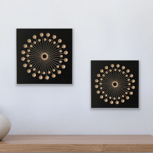 design of dandelion carved into birch wood, black