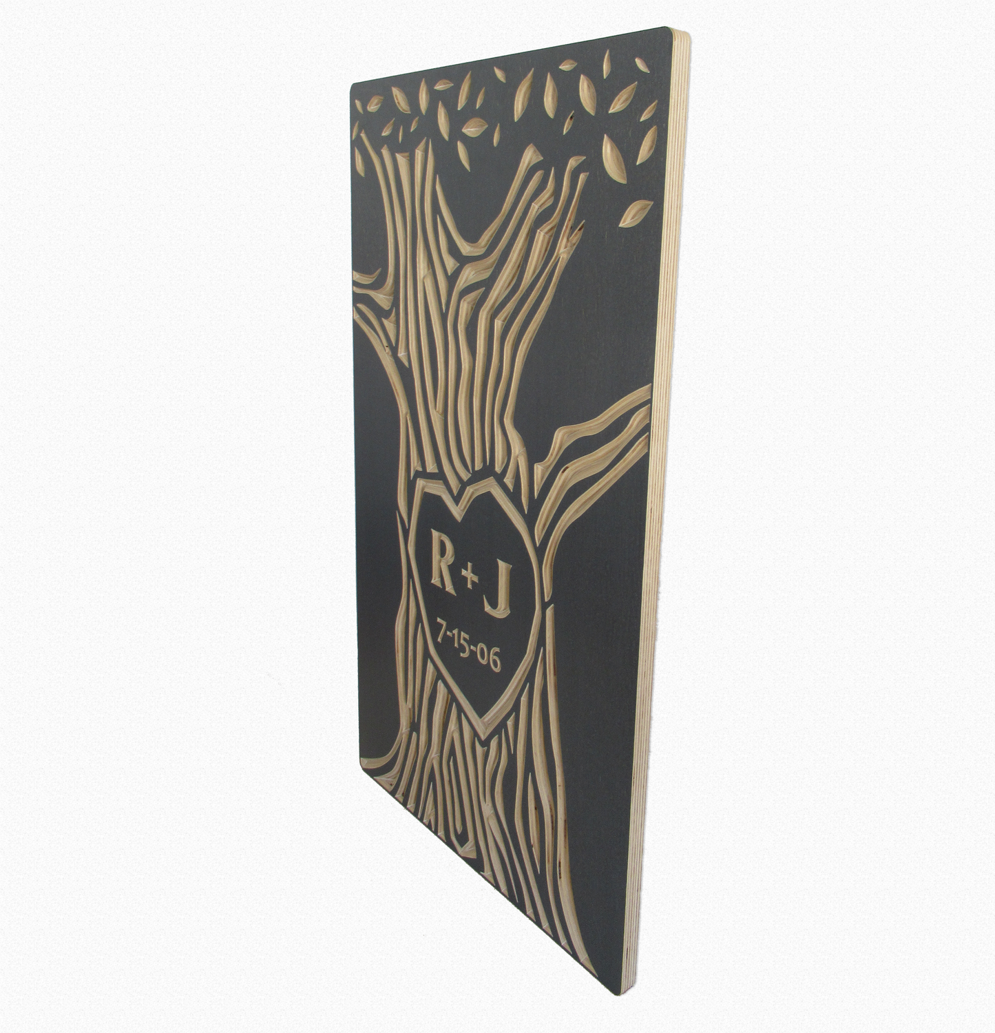 Carved Initials Tree 14x25 Grey Side View