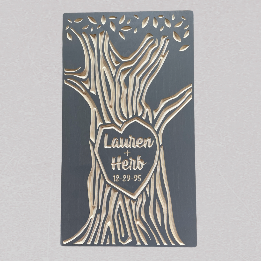 custom carved tree with names, gray color