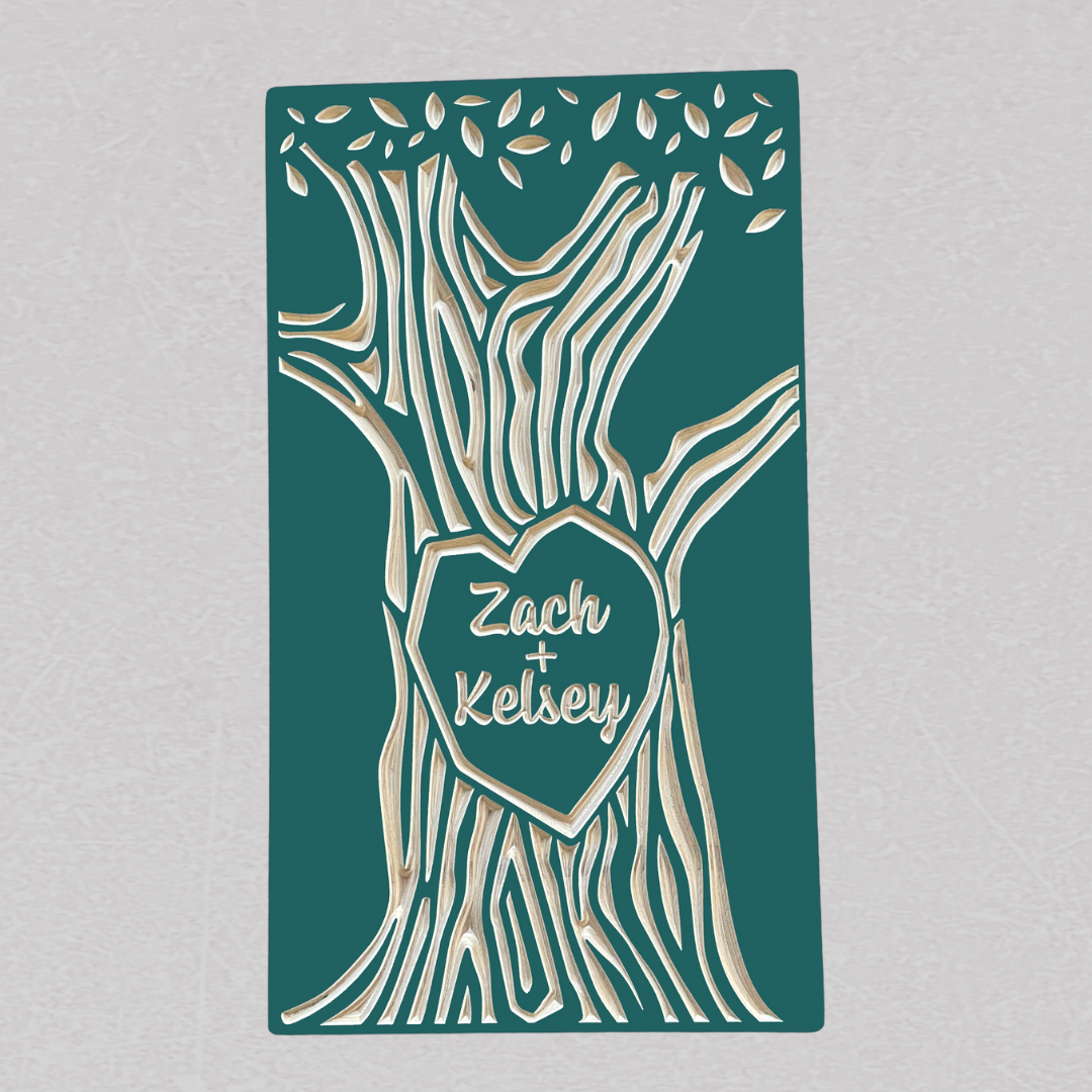 custom carved tree with names, teal color