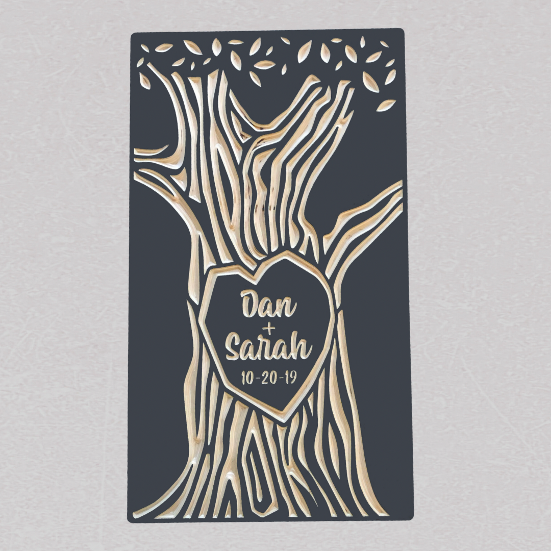 custom carved tree with names, navy color