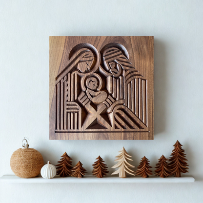 Modern Nativity Scene on Solid Walnut Wood, Christmas Decor and Gifts