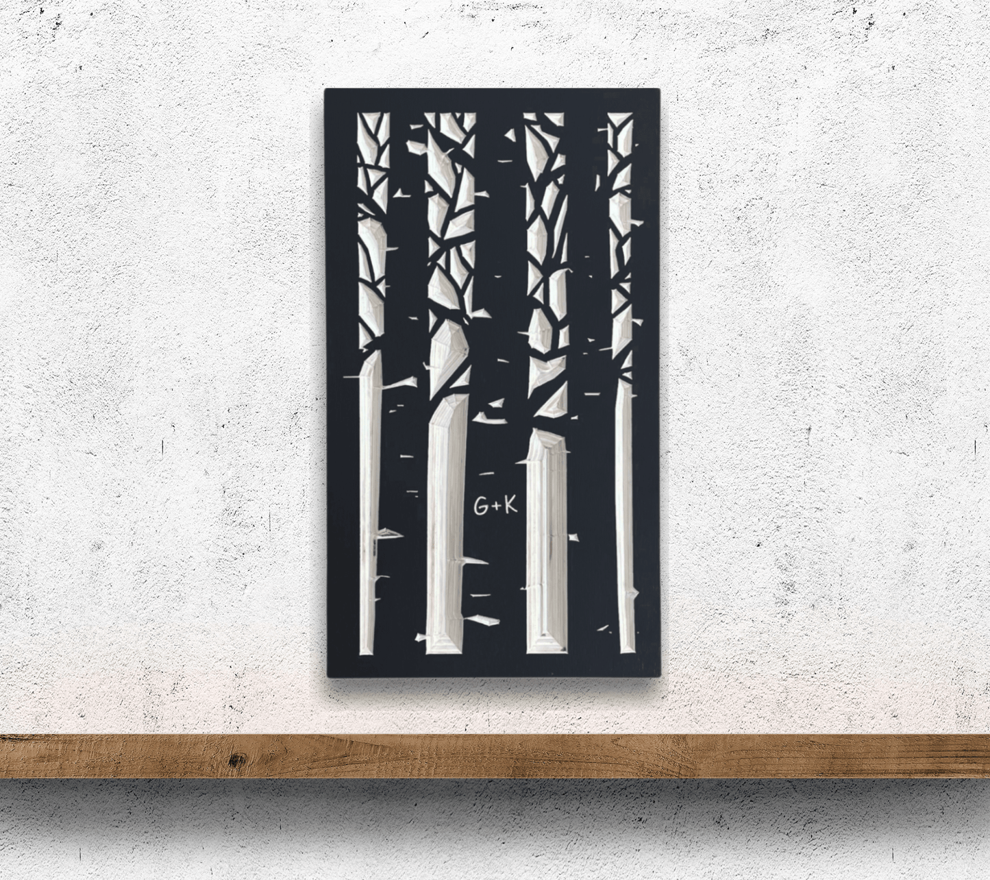 Personalized alpine forest design carved in wood with couple initials.