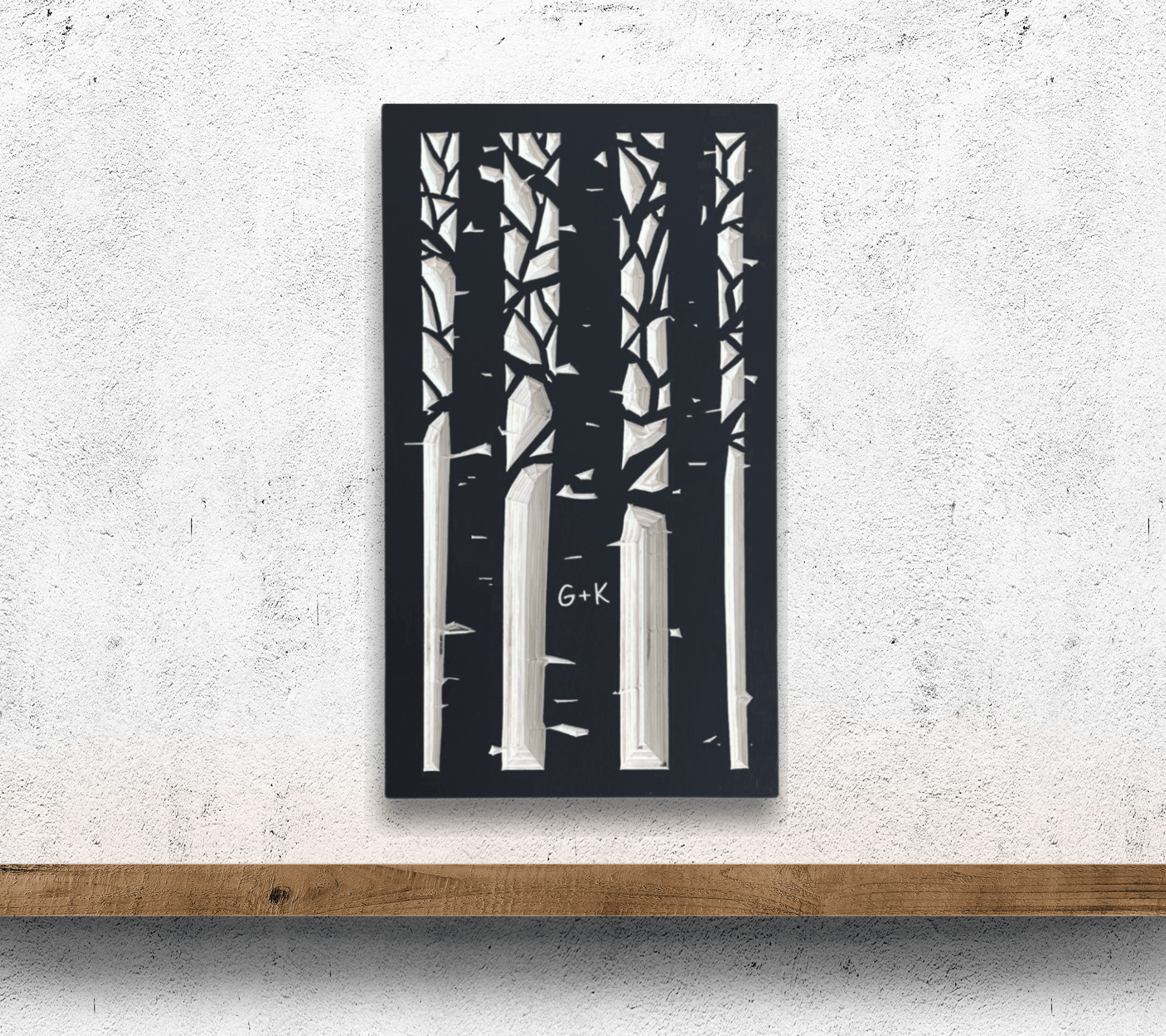 Personalized alpine forest design carved in wood with couple initials.