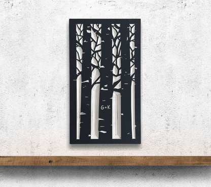 Personalized alpine forest design carved in wood with couple initials.