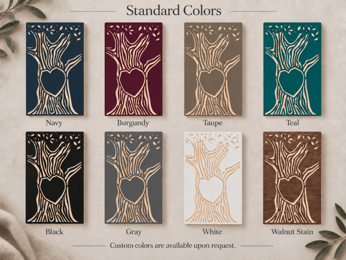 Standard color options for a carved wooden anniversary tree sign with an empty heart, shown in Navy, Burgundy, Taupe, Teal, Black, Gray, White, and Walnut Stain. Custom colors are available upon request.