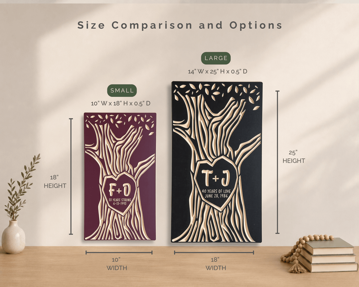 Size comparison for milestone anniversary tree.