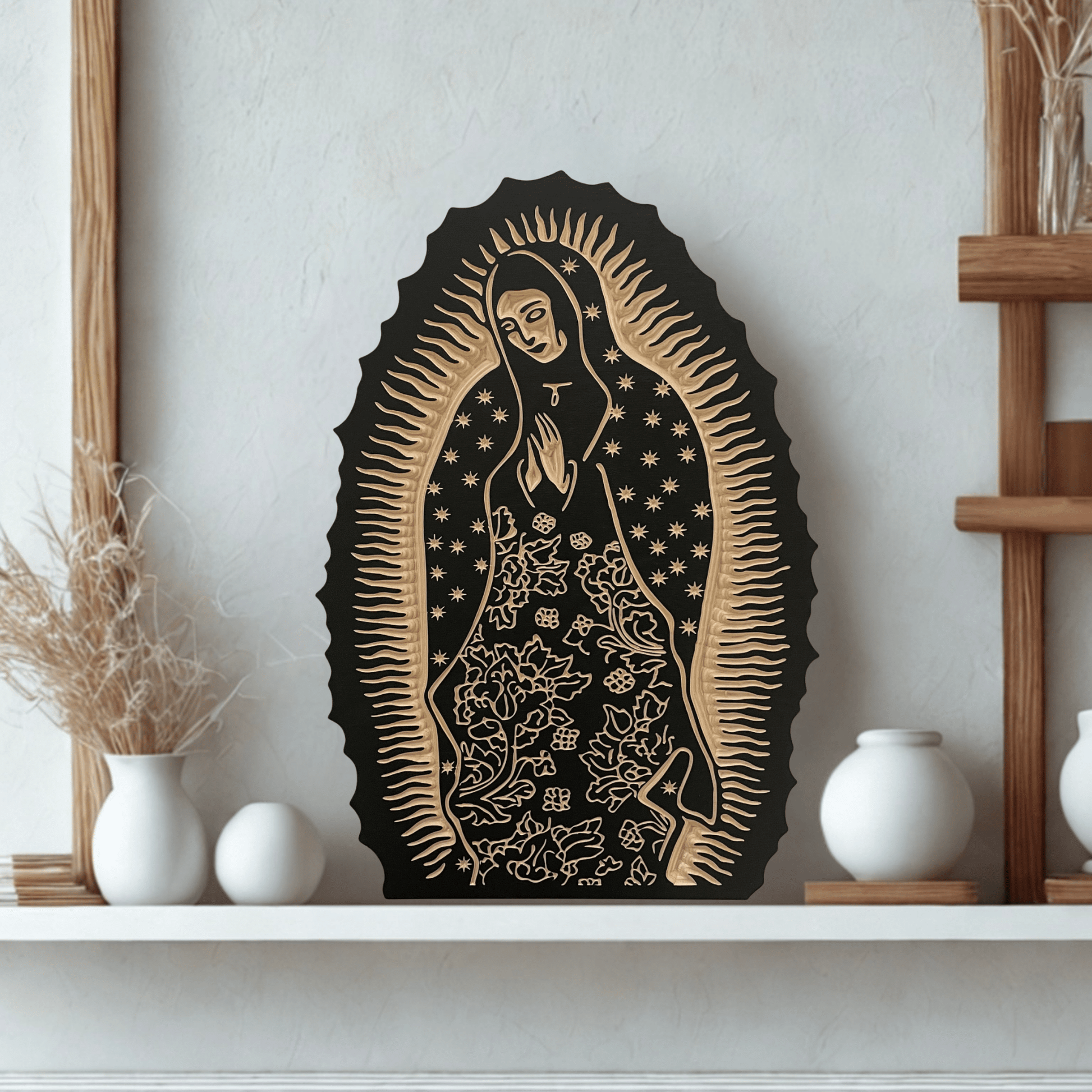 Decorative wall art of Our Lady of Guadalupe on a shelf with minimal decor