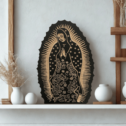 Decorative wall art of Our Lady of Guadalupe on a shelf with minimal decor