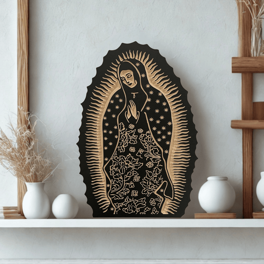 Decorative wall art of Our Lady of Guadalupe on a shelf with minimal decor