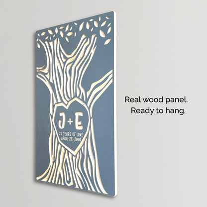 Initials and Anniversary Date Carved in Tree Design