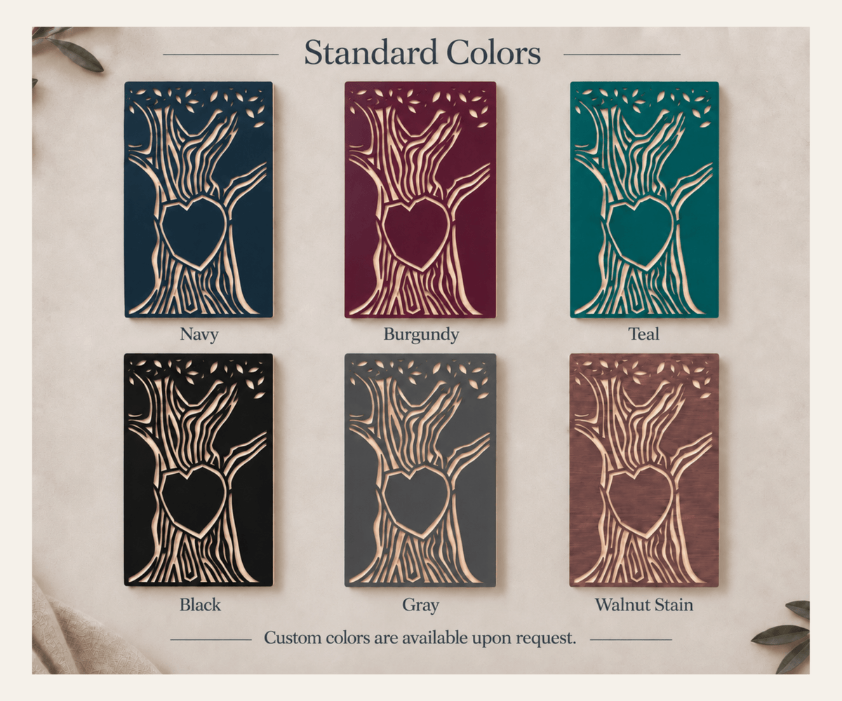 Standard color options for a carved wooden tally tree with an empty heart, shown in Navy, Burgundy, Teal, Black, Gray, and Walnut Stain. Custom colors are available upon request.