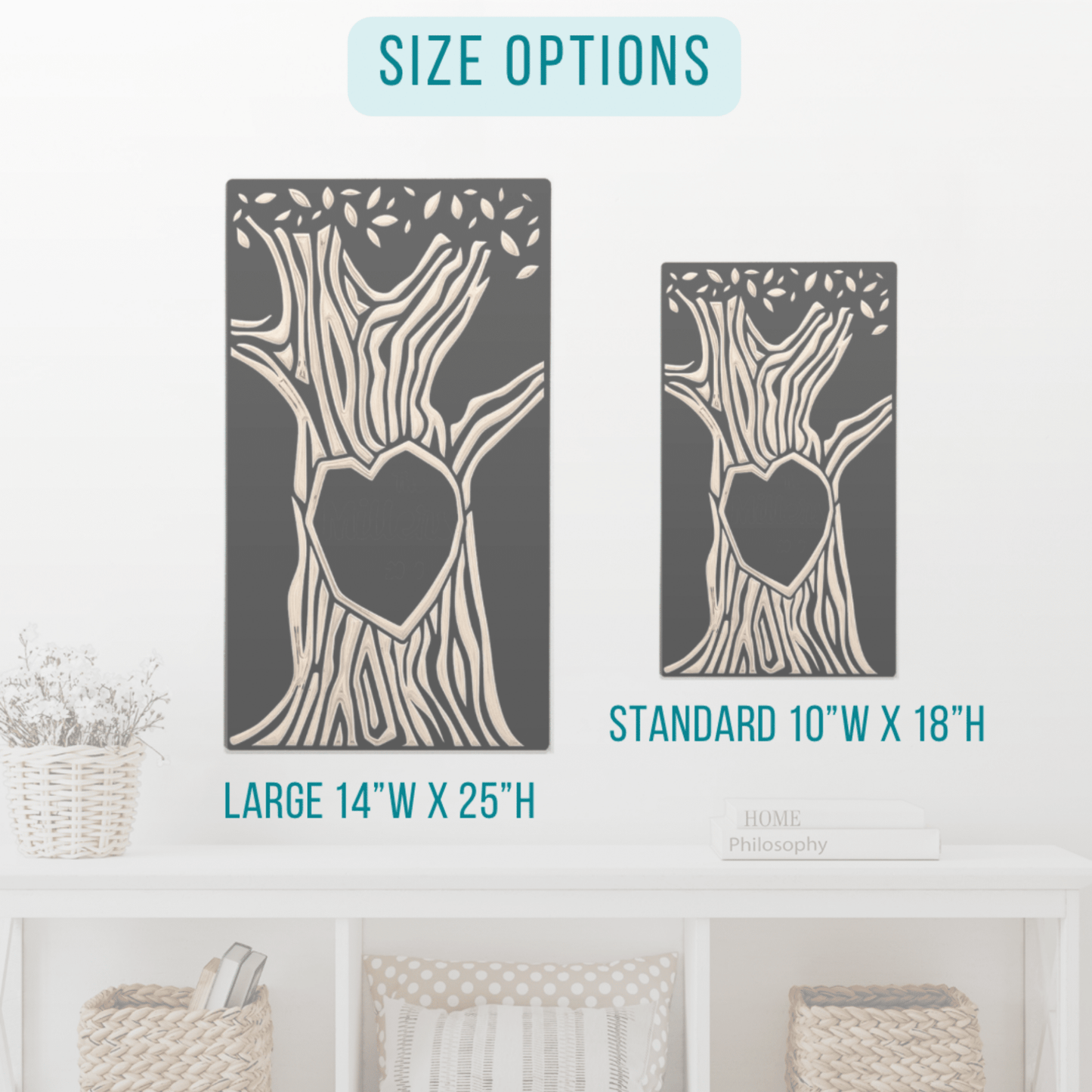 Two decorative wall art pieces with size options displayed on a white background.