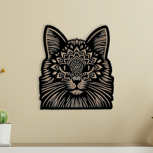 Cat Head Mandala | Carved Wood Wall Art