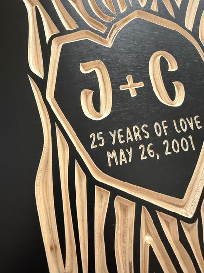 Decorative anniversary plaque with '25 Years of Love' text and dates on a black background.