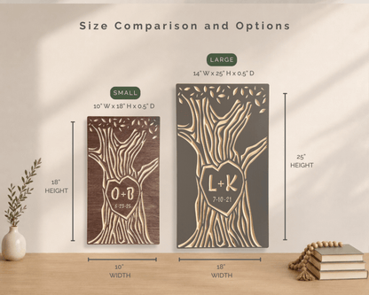 Size comparison and options for personalized initials tree wall art.