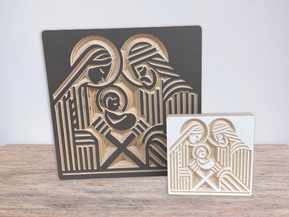 Modern wooden nativity shown in standard and small sizes.
