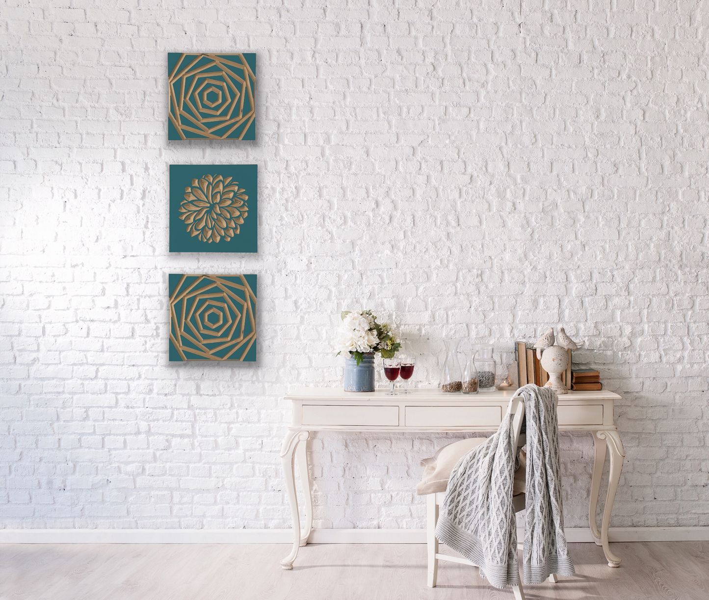 Set of 3 Wood Wall Art Panels | Dahlia & Abstract Rose | 12" x 12" Panels
